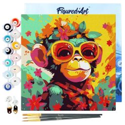 Figuredart Mini Peinture Par Numros 20X20Cm Avec Cadre Singe Fantaisie Et Fleurs | Fleurs