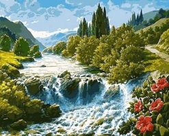 Figuredart Fleurs Rouges Sur La Cascade | Paysages