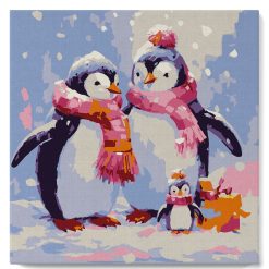 Figuredart Mini Peinture Par Numros 20X20Cm Avec Cadre Famille De Pingouins Sous La Neige | Noel