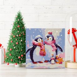 Figuredart Mini Peinture Par Numros 20X20Cm Avec Cadre Famille De Pingouins Sous La Neige | Noel