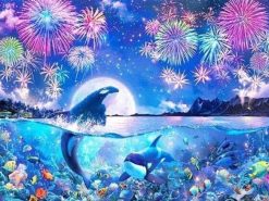 Figuredart Broderie Diamant - Dauphins Et Feu D'Artifice | Broderie Diamant Animaux