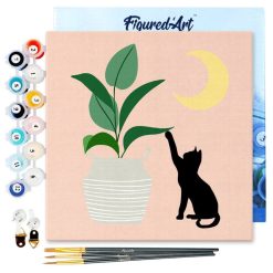 Figuredart Mini Peinture Par Numros 20X20Cm Avec Cadre Chaton Et Plante Au Clair De Lune | Fleurs