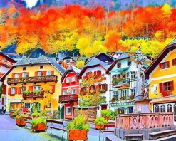 Figuredart Broderie Diamant - Village Suisse Color 40X50Cm Toile Tendue Sur Ch00E2Ssis | Broderie Diamant Paysages