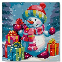 Figuredart Mini Peinture Par Numros 20X20Cm Avec Cadre Bonhomme De Neige Et Cadeaux Dans La Neige | Noel