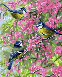 Figuredart Trois Oiseaux Sur Des Branches Fleuries | Animaux