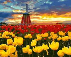 Figuredart Moulin Et Tulipes Rouges Et Jaunes | Paysages