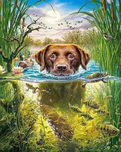 Figuredart Broderie Diamant - Chien Dans Le Ruisseau | Broderie Diamant Animaux