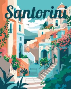 Figuredart Affiche De Voyage Santorin En Fleurs | Affiche Vintage